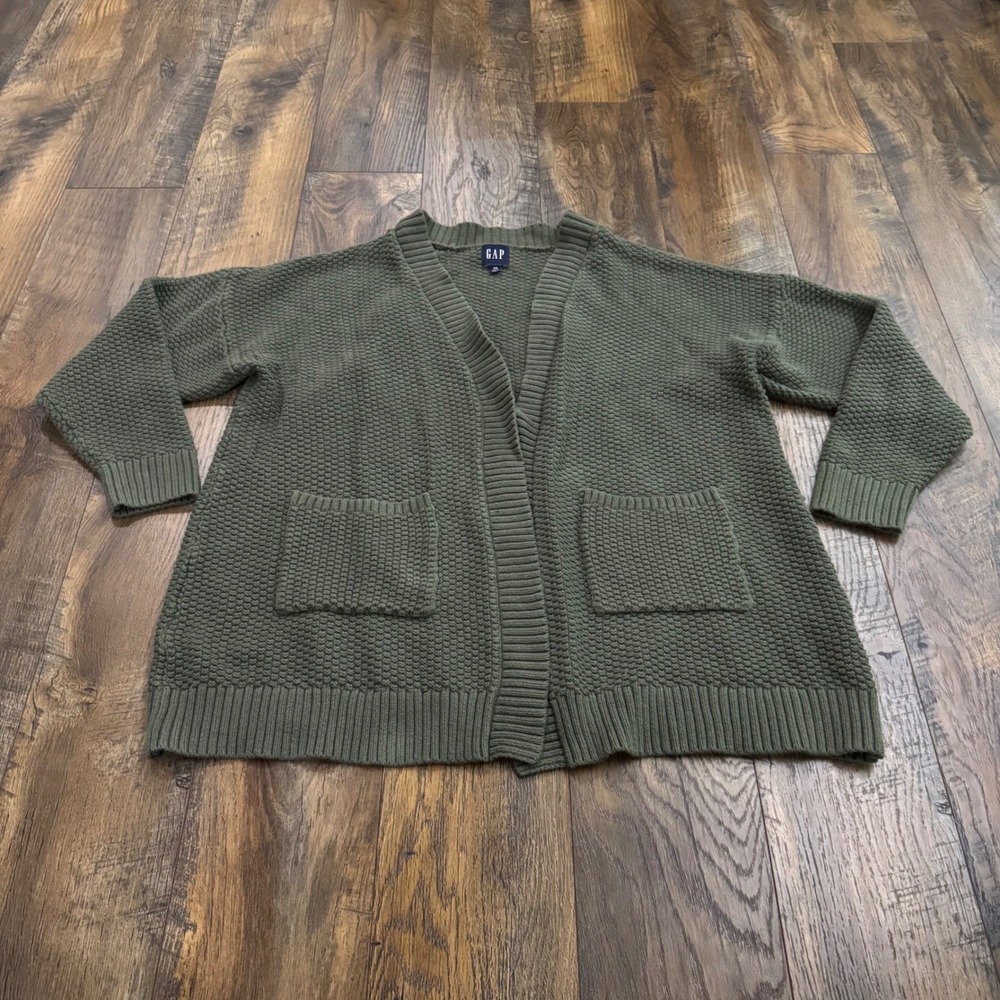 GAP Olive Green Textured Cotton Open Cardigan Sweater XXL Pockets‎ Chunky Knit